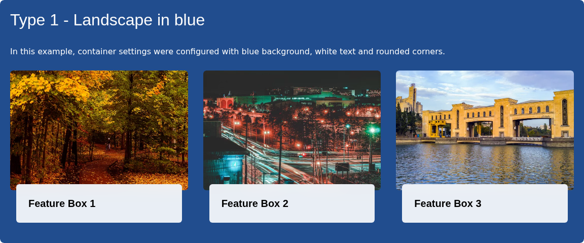 Three Feature Box cards in a row, each with a landscape photo and a white title panel below, inside a blue rounded container.