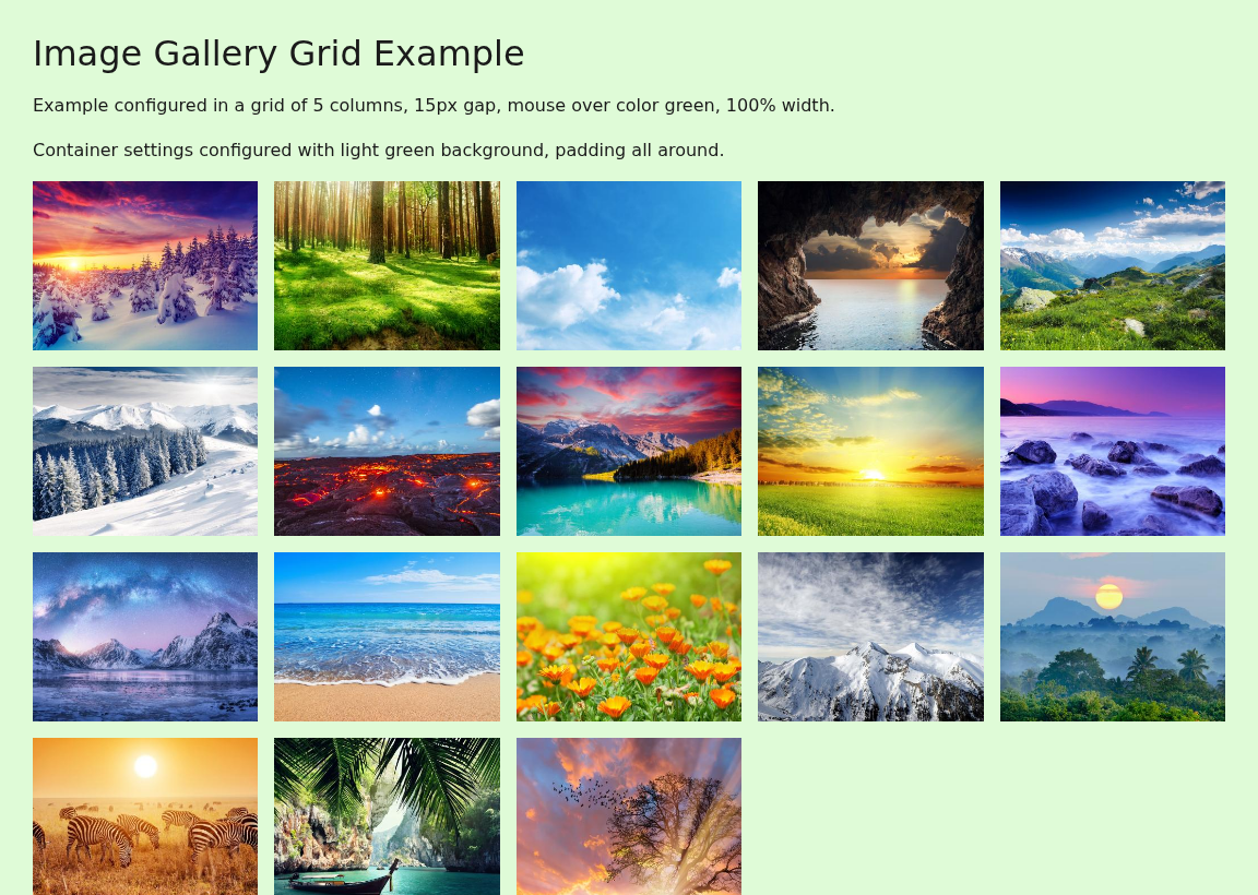 An Image Gallery with a title, a short description and two rows of square thumbnails in five columns on a light green background.
