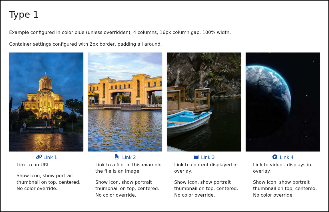 A Links component with four columns; each entry shows a portrait thumbnail, an icon, a title and a short description, inside a bordered container.