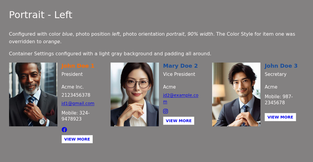 Three profile cards in a row with portrait photos on the left and name, position, company, phone and email on the right, plus a View More button.
