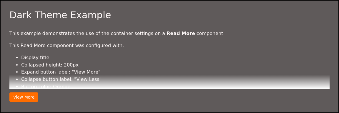 A dark container with a white heading and the first lines of an article, faded out at the bottom, followed by an orange View More button.