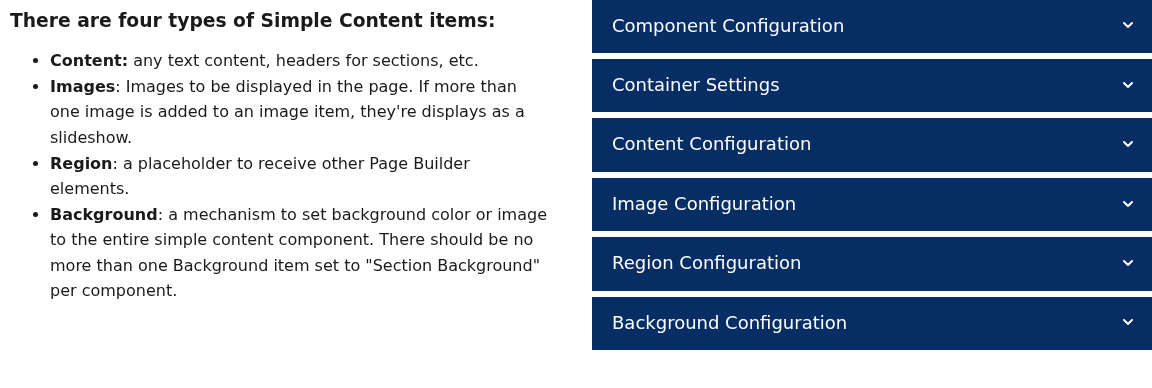 A two-column Simple Content: a text column on the left explaining the four item types and an Accordion inserted in a region on the right.