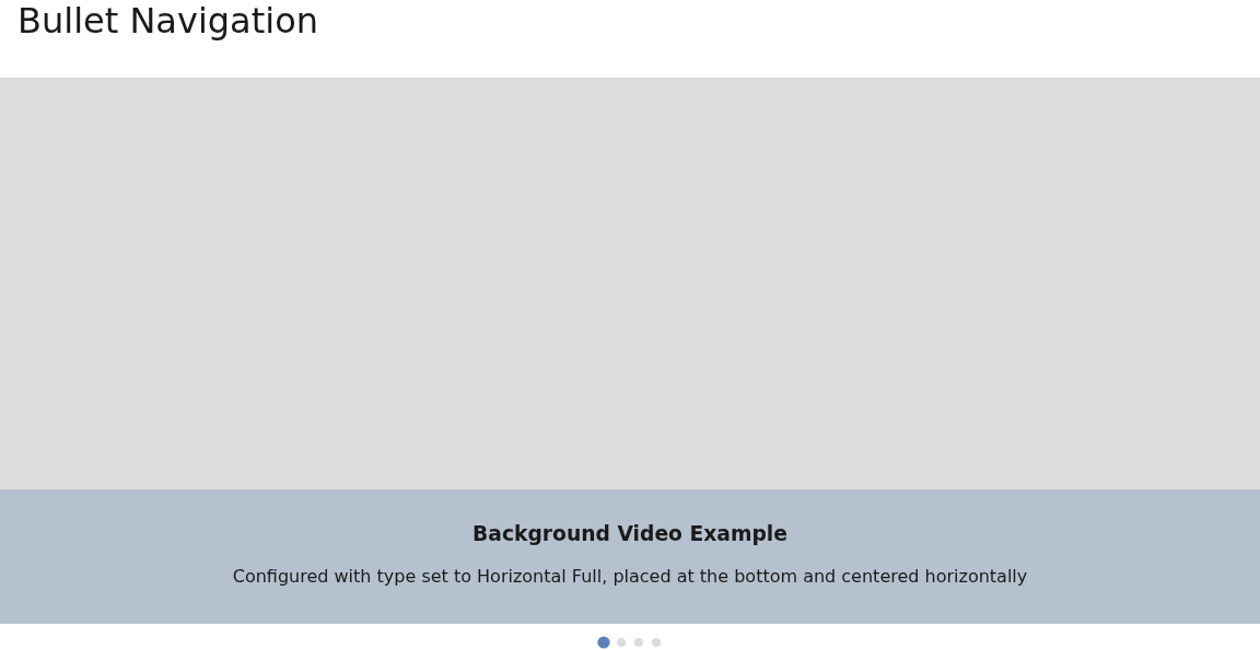 A full-width slide with a landscape photo background and a light translucent text box at the bottom containing a heading and a paragraph, with bullet navigation.