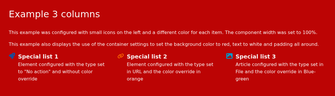 Three entries side by side on a red background with white text; each has a small icon on the left, a title and a description.