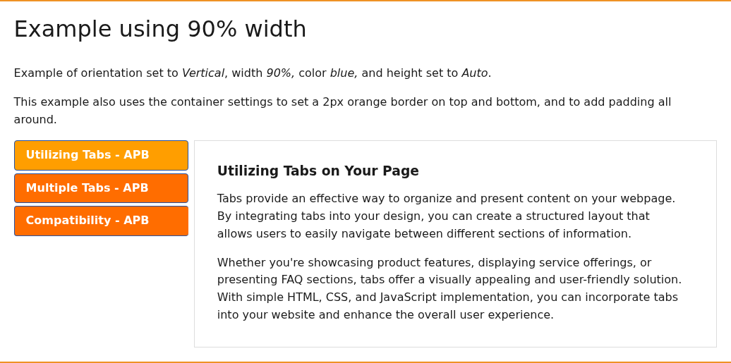 A vertical Tabs component: three labels stacked on the left and the active panel text on the right, with an orange border above and below.