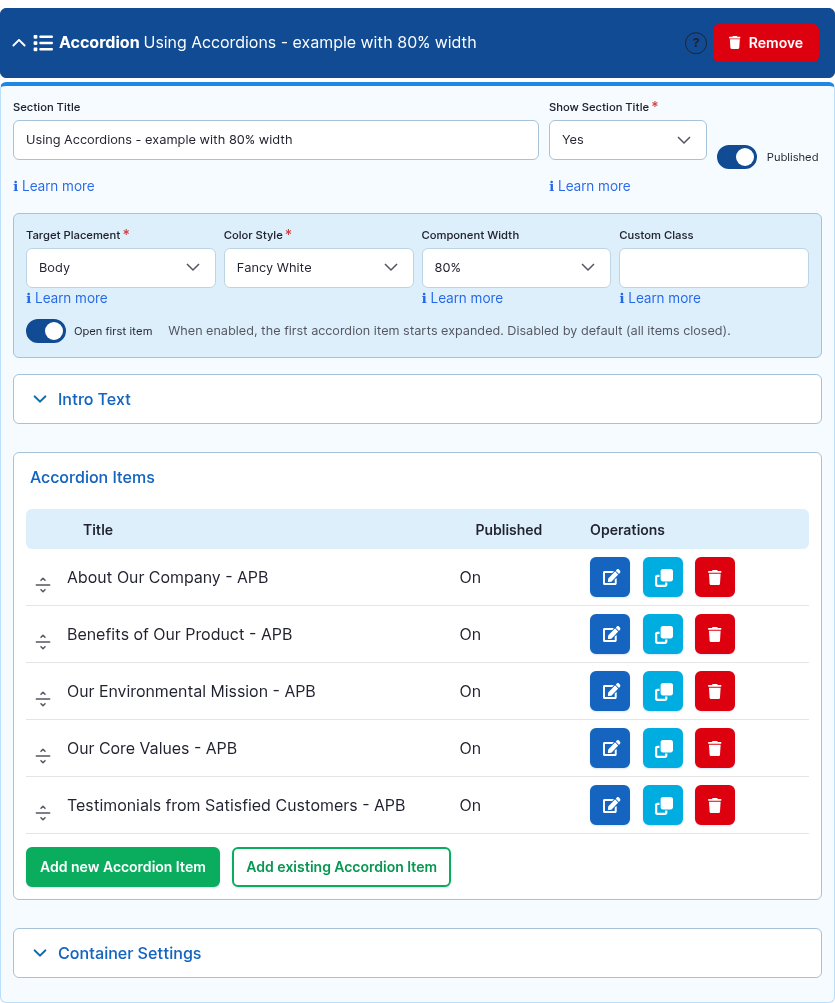 The Accordion component card expanded in the Page Builder editor.
