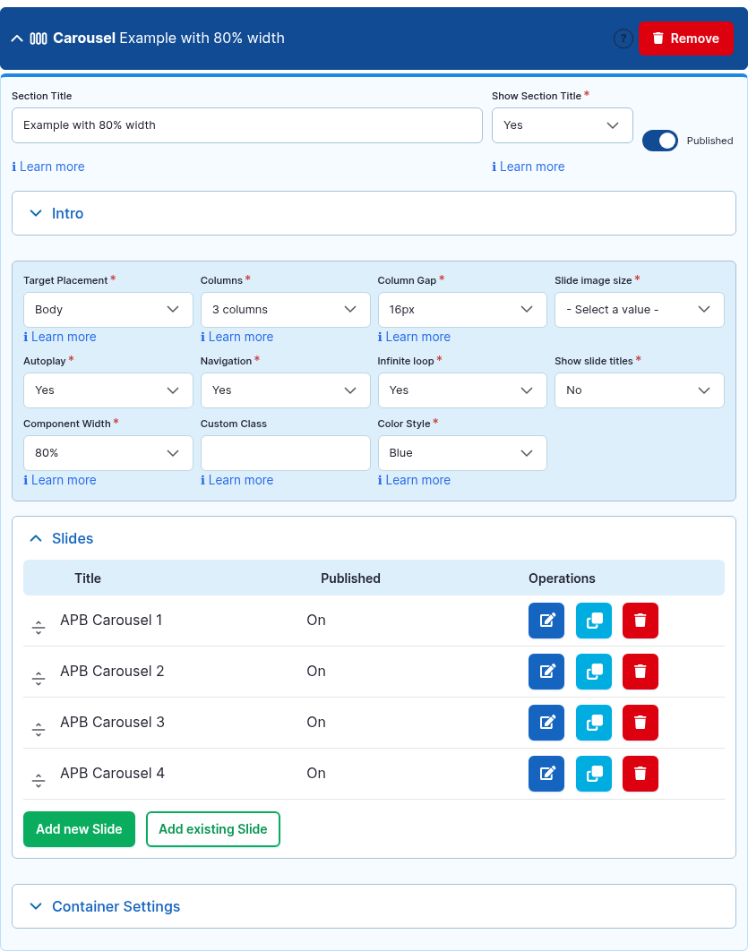 The Carousel component card expanded in the Page Builder editor.