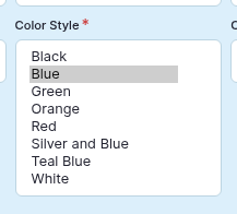 The Color Style drop-down expanded on a Feature Box, listing Black, Blue, Green, Orange, Red, Silver and Blue, Teal Blue and White.