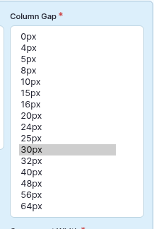 The Column Gap drop-down expanded, listing 0px, 4px, 5px, 8px, 10px, 15px, 16px, 20px, 24px, 25px, 30px, 32px, 40px, 48px, 56px and 64px.