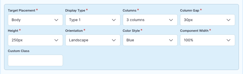 The Config row of a Feature Box card: Target Placement, Display Type, Columns set to 3 columns, Column Gap set to 30px, Height, Orientation, Color Style, Component Width and Custom Class.