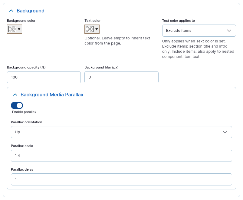 The Background group: Background color and Text color swatches (both empty), Text color applies to set to Exclude items, Background opacity (%) 100, Background blur (px) 0, and the collapsed Background Media Parallax group with the Enable parallax switch.