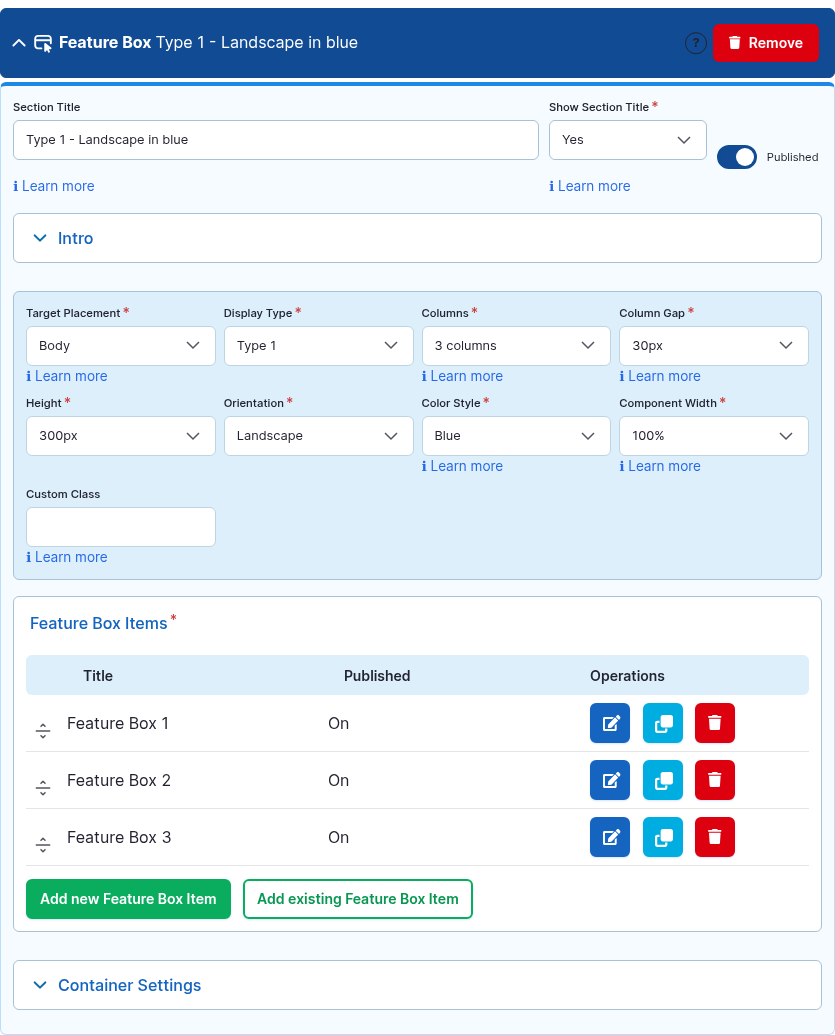 The Feature Box component card expanded in the Page Builder editor.