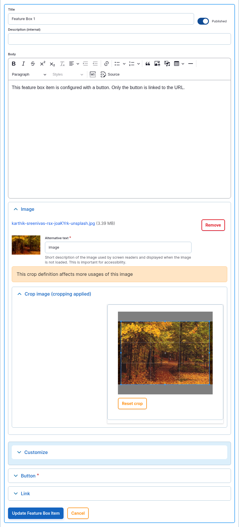 The Feature Box Item item form opened from the Feature Box card.