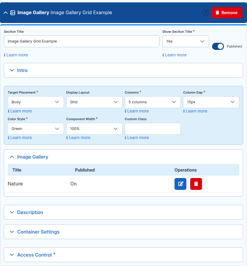 The Image Gallery component card expanded in the Page Builder editor.