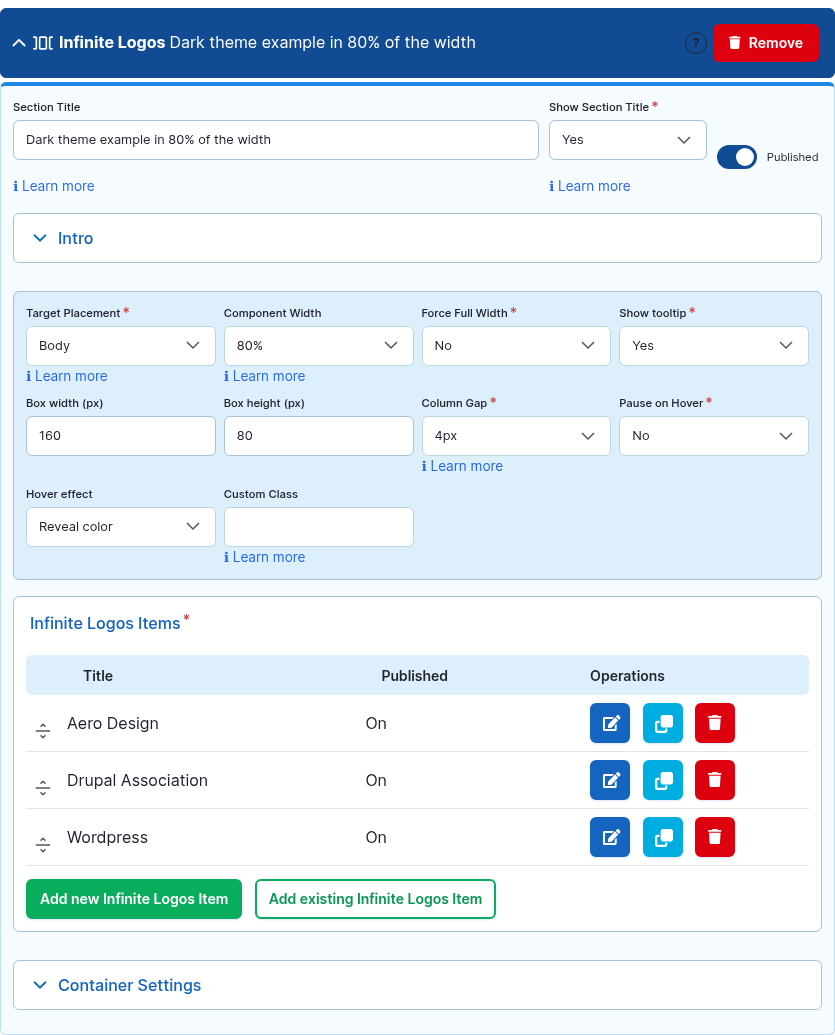 The Infinite Logos component card expanded in the Page Builder editor.