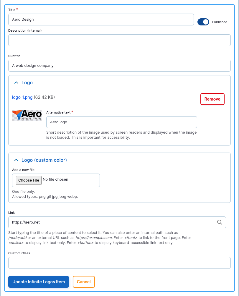 The Logo item form opened from the Infinite Logos card.