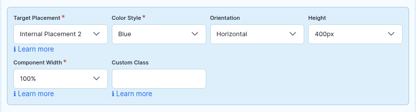 The Config row of a Tabs component with Target Placement set to Internal Placement 2, Color Style Blue, Orientation Horizontal, Height 400px and Component Width 100%.