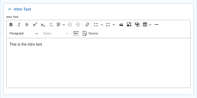 The Intro Text section expanded, showing a rich-text editor with formatting toolbar and the text This is the intro text.