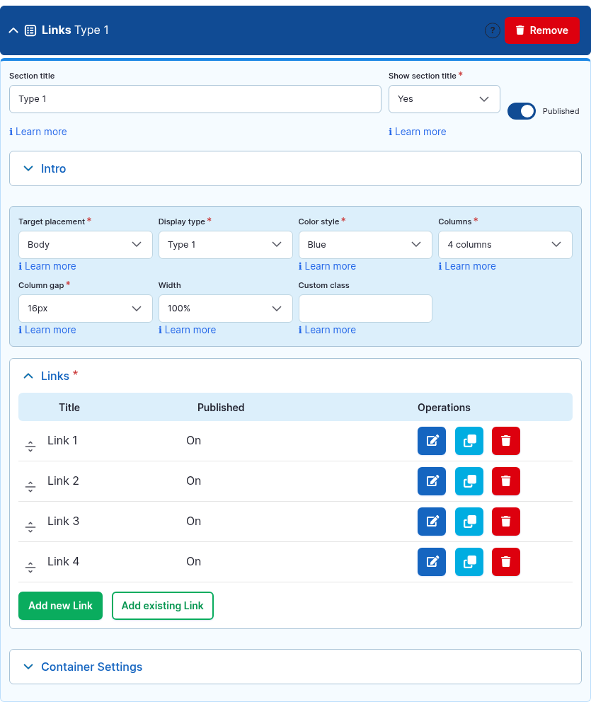 The Links component card expanded in the Page Builder editor.