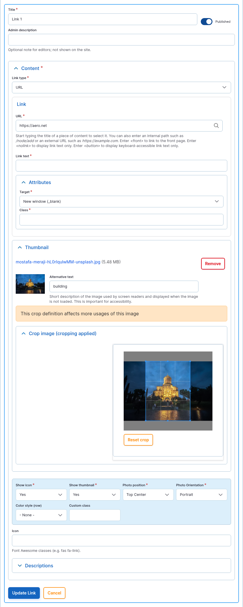 The Links Item item form opened from the Links card.