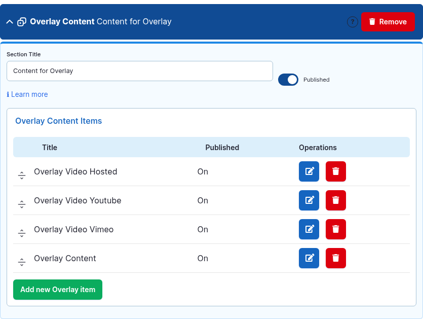 The Overlay Content component card expanded in the Page Builder editor.