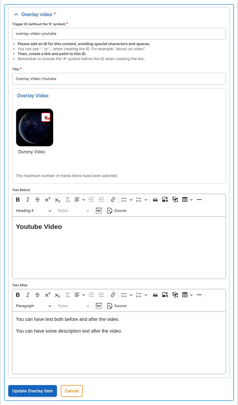 The Overlay item form for a YouTube video: Trigger ID overlay-video-youtube, Title, the Overlay Video media reference with a selected media item, and the Text Before / Text After editors.