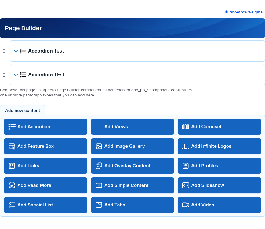 The Page Builder field on the edit form: two collapsed Accordion cards followed by the Add new content buttons, one per component.