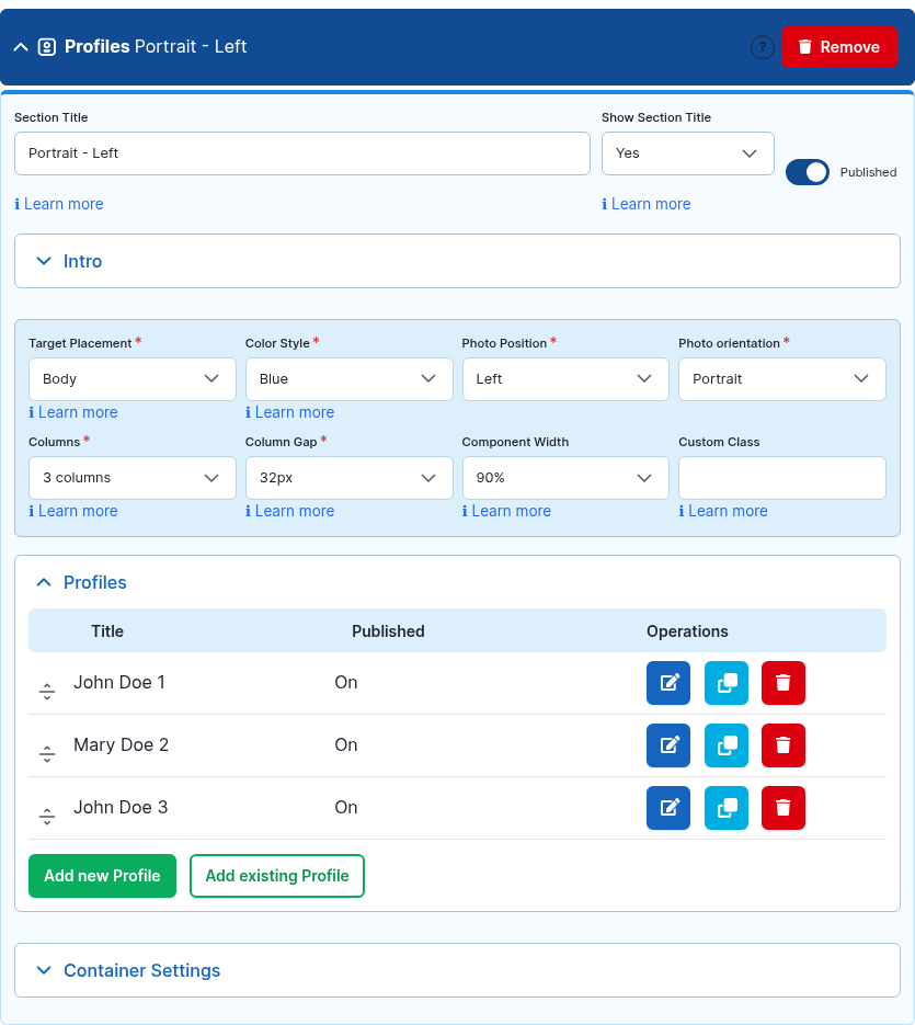 The Profiles component card expanded in the Page Builder editor.