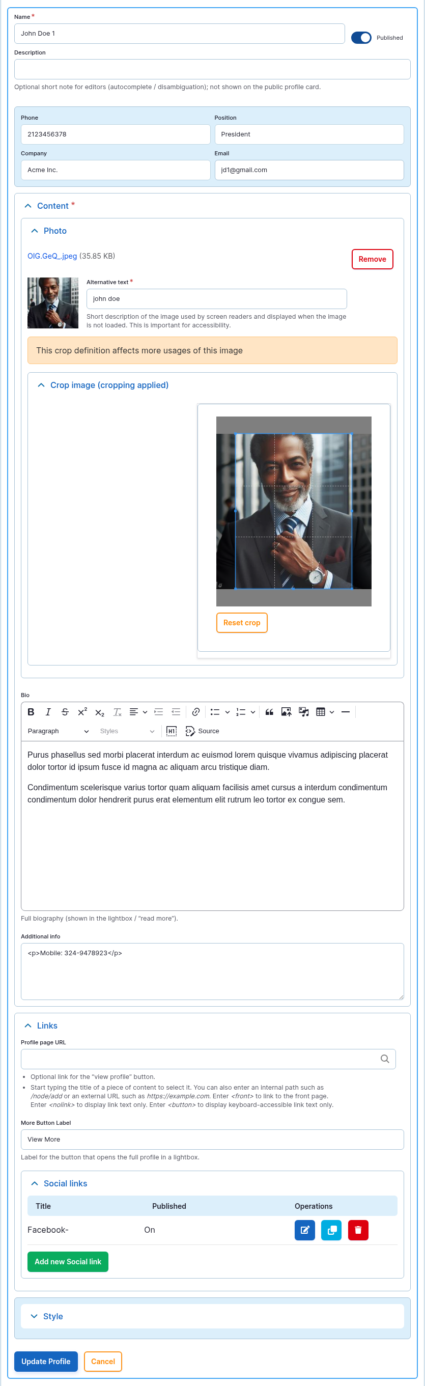 The Profile item form opened from the Profiles card.