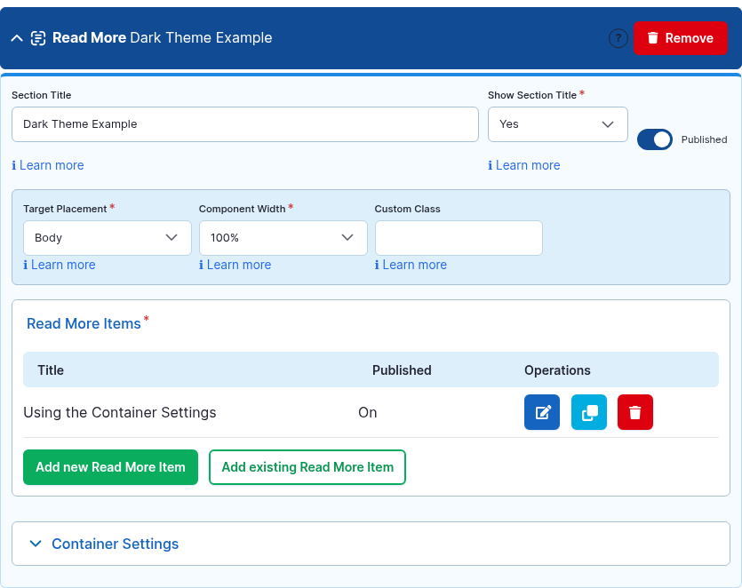 The Read More component card expanded in the Page Builder editor.