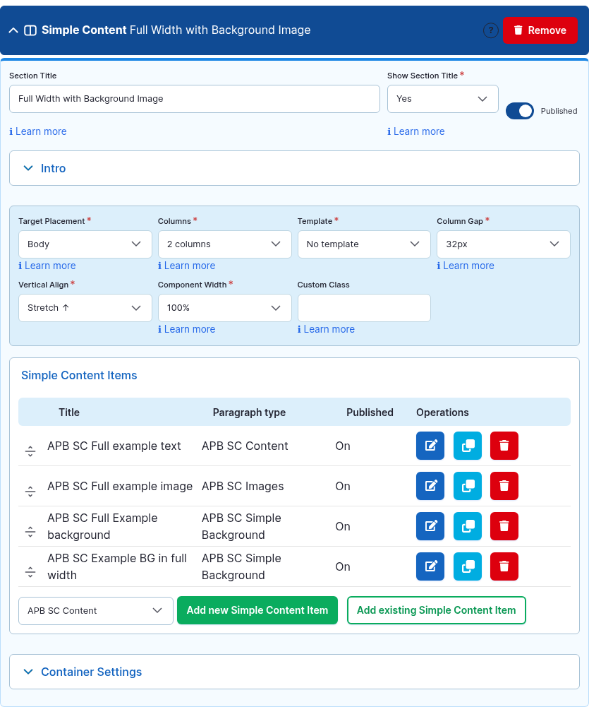 The Simple Content component card expanded in the Page Builder editor.