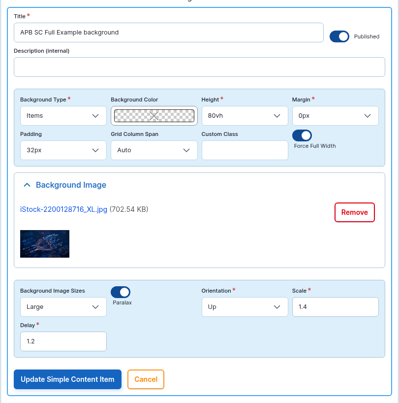 The Background item form: Title, Background Type, Background Color, Height, Margin, Padding, Force Full Width, Background Image and Parallax options.