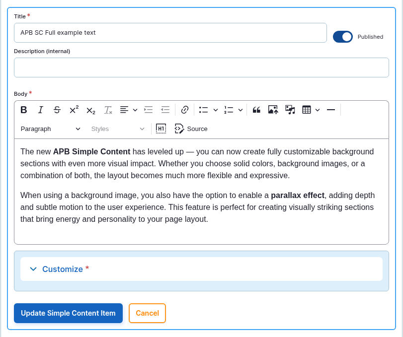 The Content item form: Title, internal Description, Body editor and the collapsed Customize group.