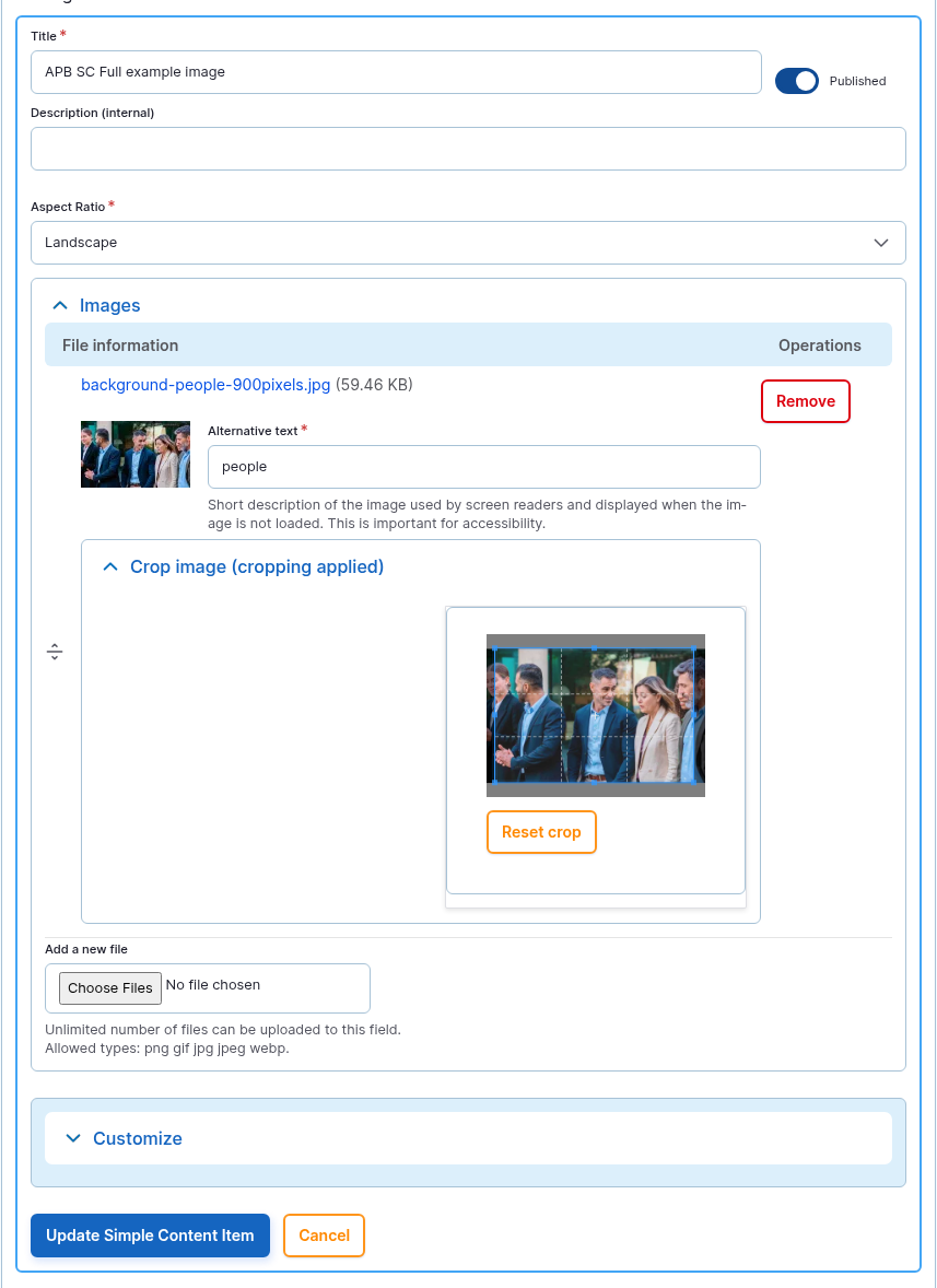 The Images item form: Title, the Images field with an uploaded picture, alternative text and crop, Background Color and Padding.