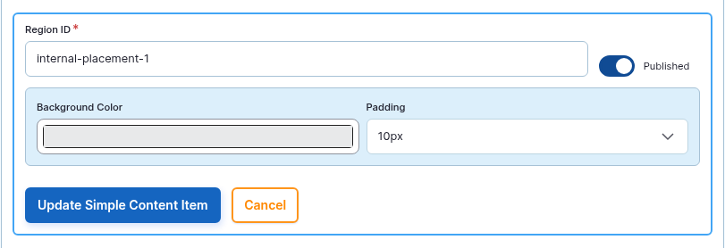 The Region item form: Region ID text field, Published toggle, Background Color and Padding.
