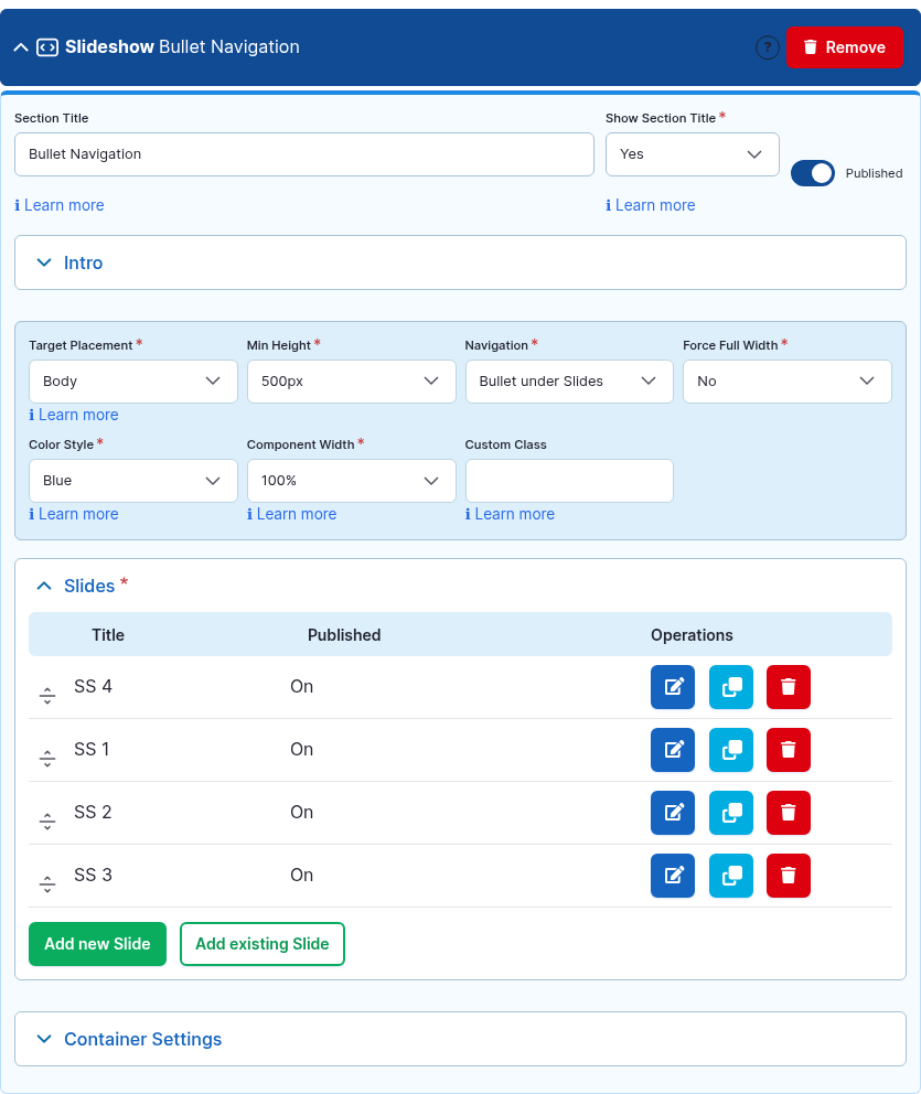 The Slideshow component card expanded in the Page Builder editor.