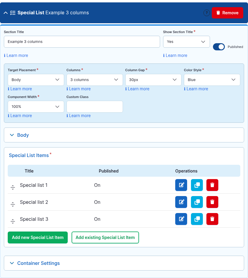 The Special List component card expanded in the Page Builder editor.