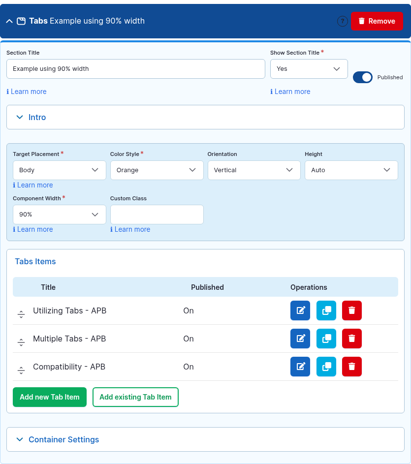 The Tabs component card expanded in the Page Builder editor.