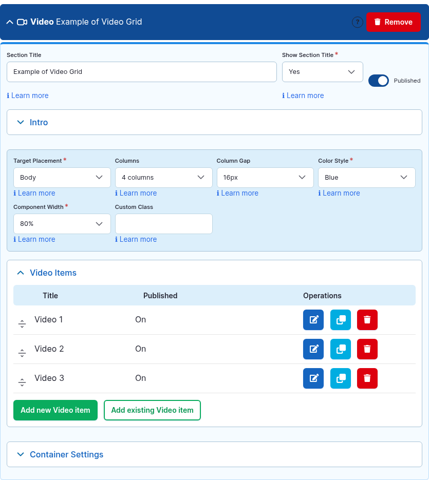 The Video component card expanded in the Page Builder editor.