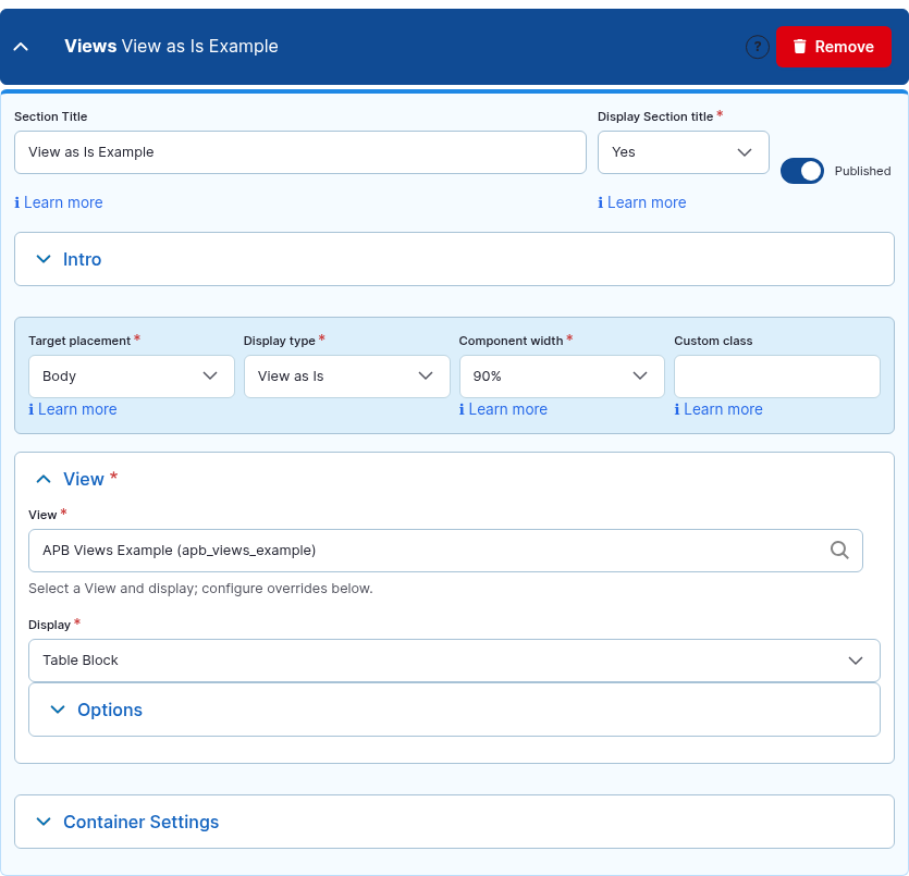 The Views component card expanded in the Page Builder editor.