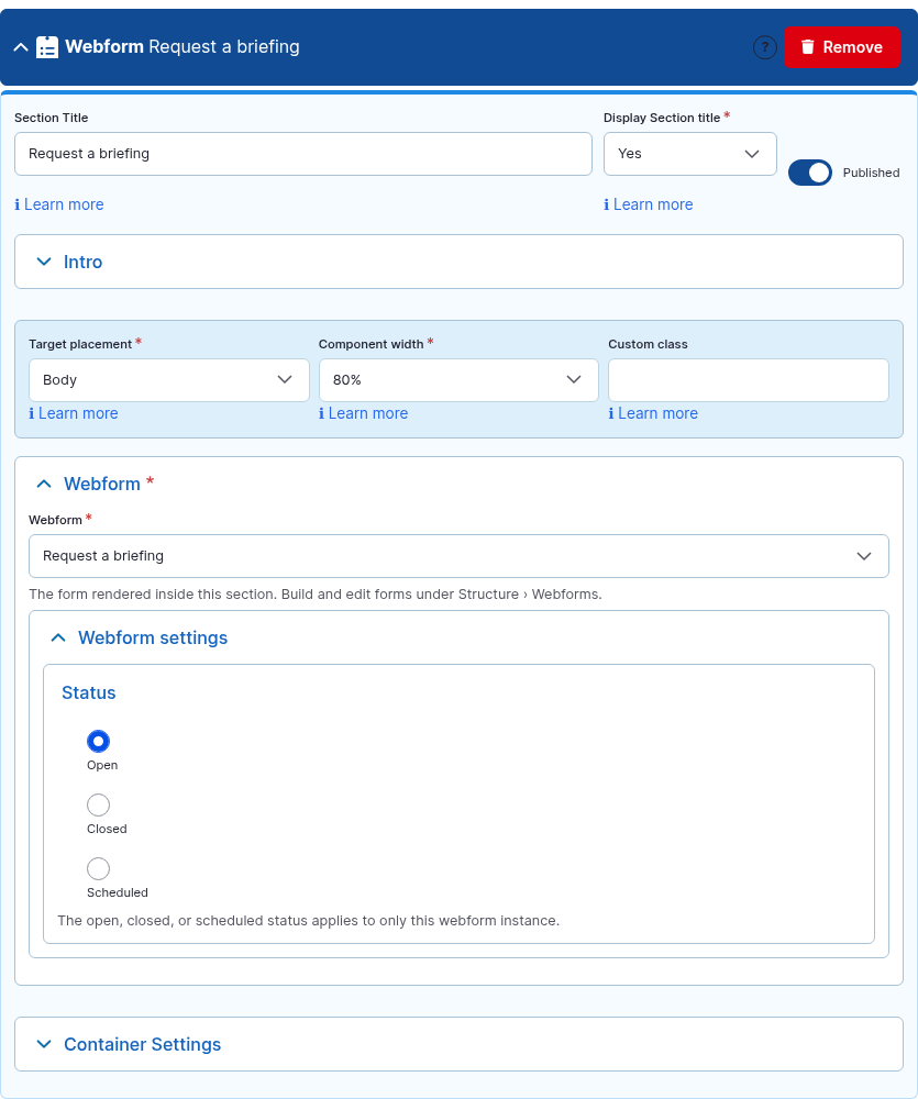 The Webform component card expanded in the Page Builder editor.