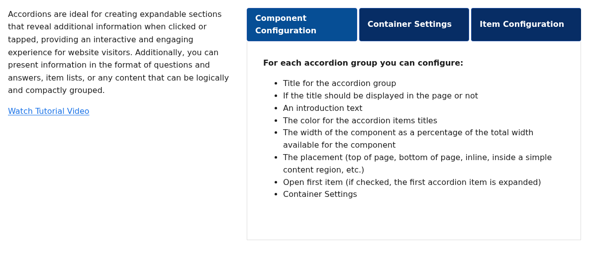 A two-column Simple Content on the APB Accordion example page: introductory text on the left and a Tabs component with three tabs on the right.