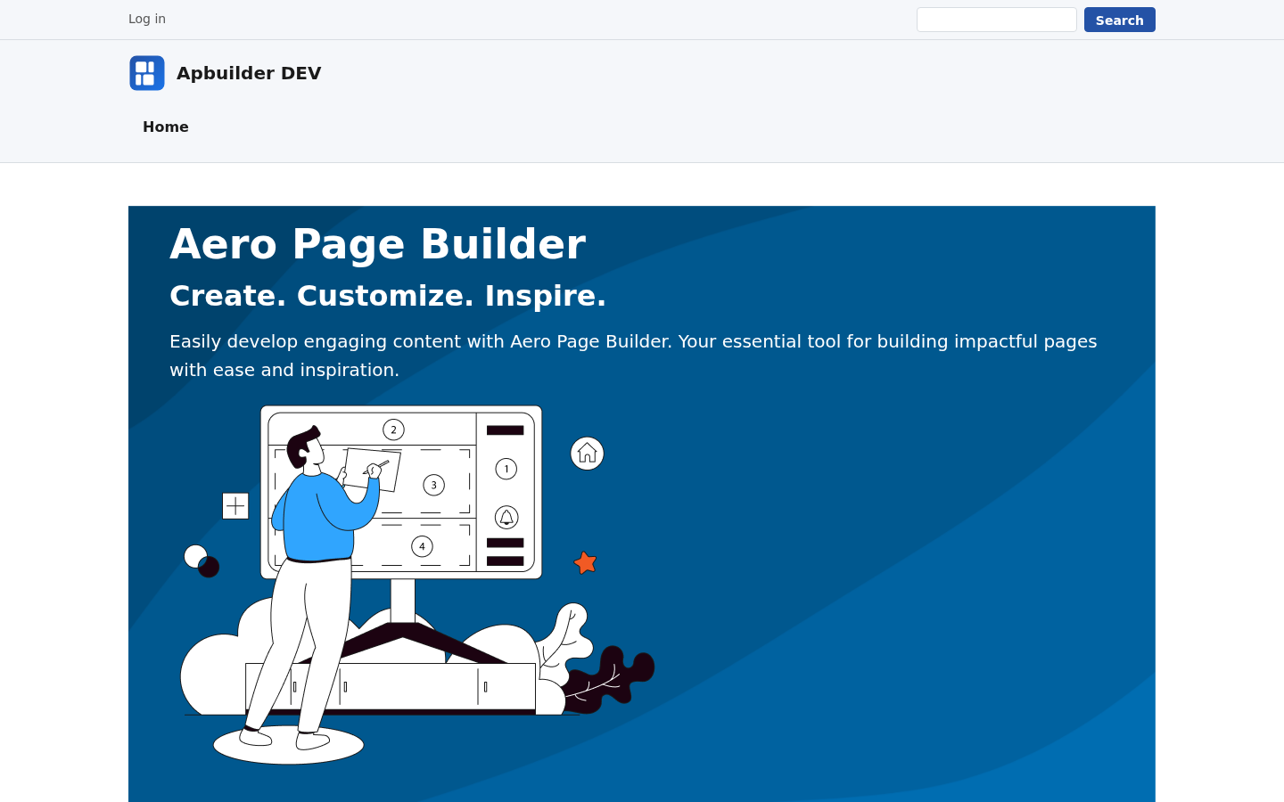 The top of a page: site header with logo and menu, and directly below it a full-width slideshow with the text Aero Page Builder, Create. Customize. Inspire. No page title is visible.
