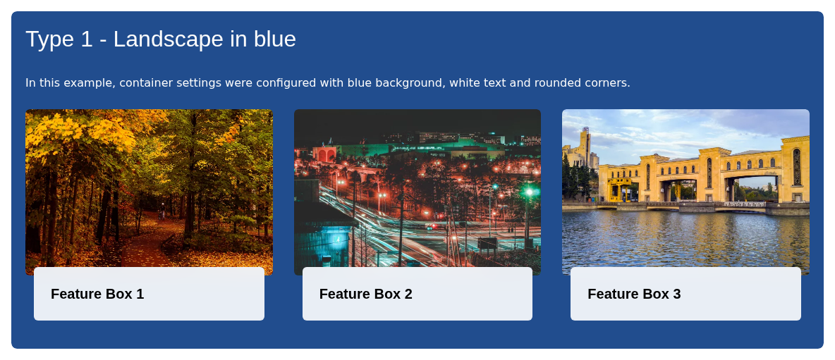 A feature box with a blue background spanning the full content width, with three image cards.